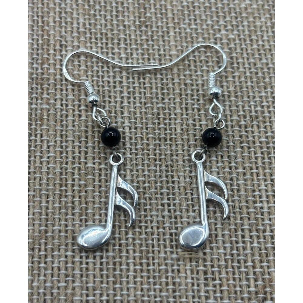 Vtg Sterling Silver Black Onyx Gemstone Music Notes Dangle Earrings 925